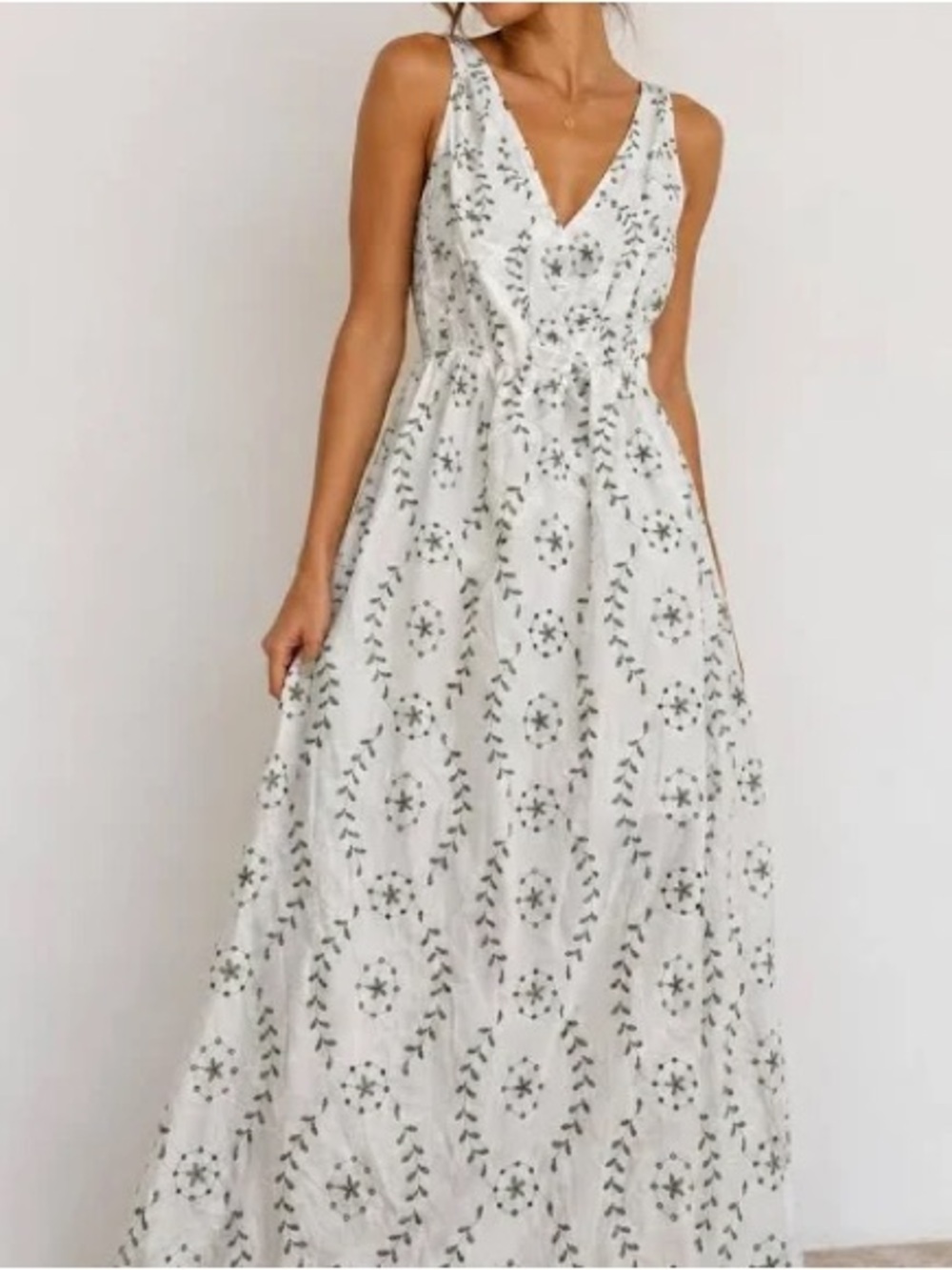 White and green floral maxi dress embroidered